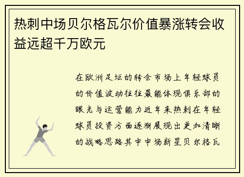 热刺中场贝尔格瓦尔价值暴涨转会收益远超千万欧元
